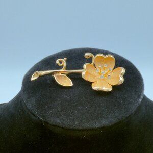 Vintage Gold Tone Floral Brooch With Rhinestone Accents